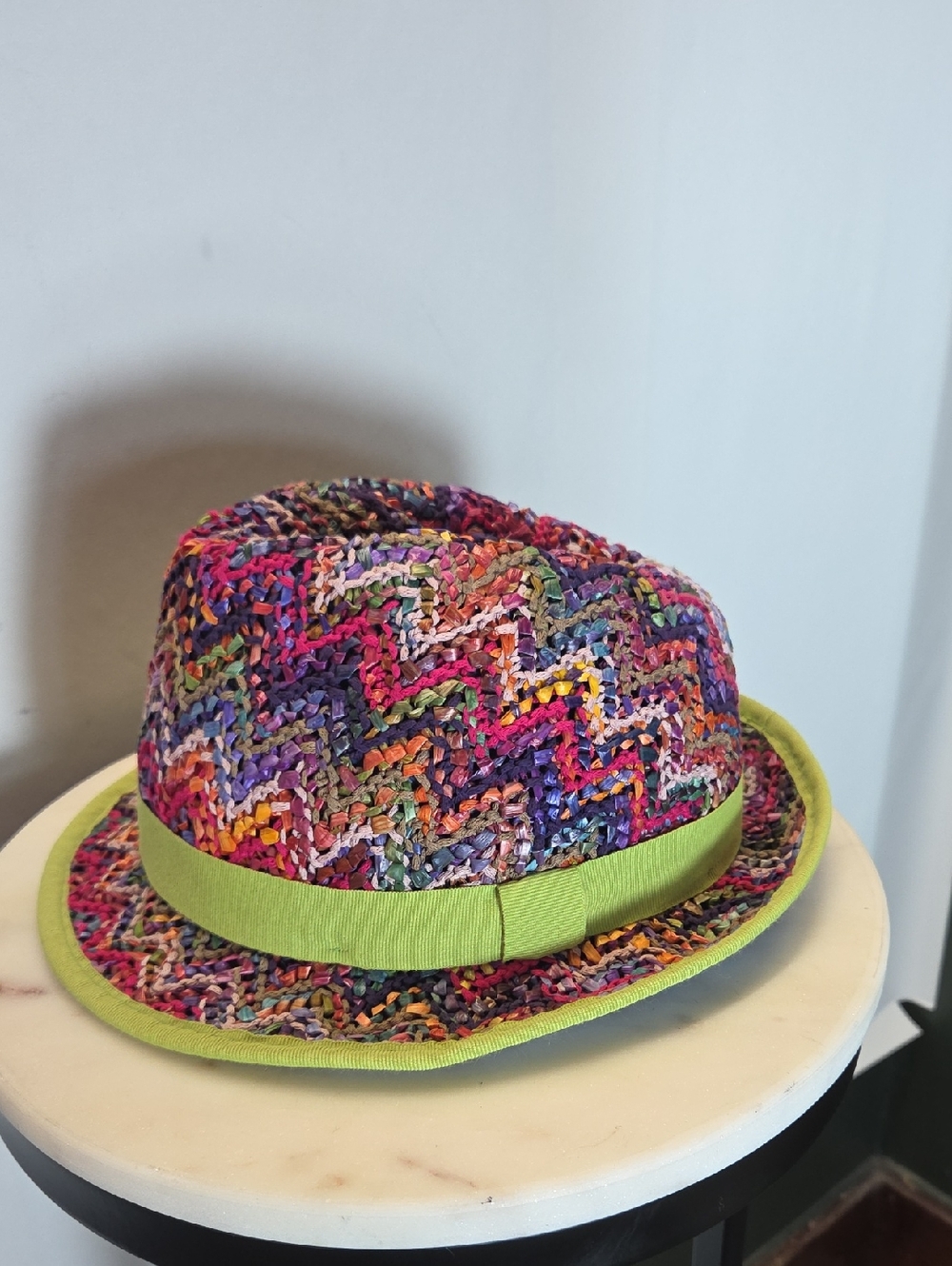 Danielle Meucci Multicolor Crochet Fedora Hat with Lime Trim